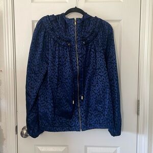 St. John RARE Jacquard Paisley Leopard Print Hooded Blue Jacket XL EUC